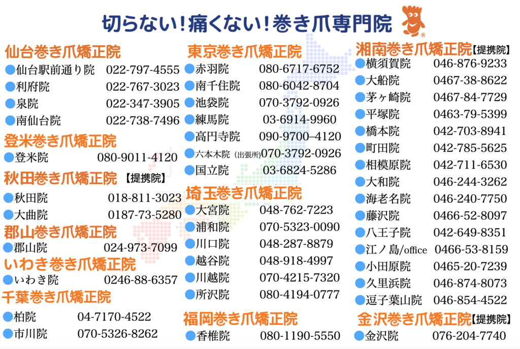 2024年4月時点　巻き爪矯正院グループマップ